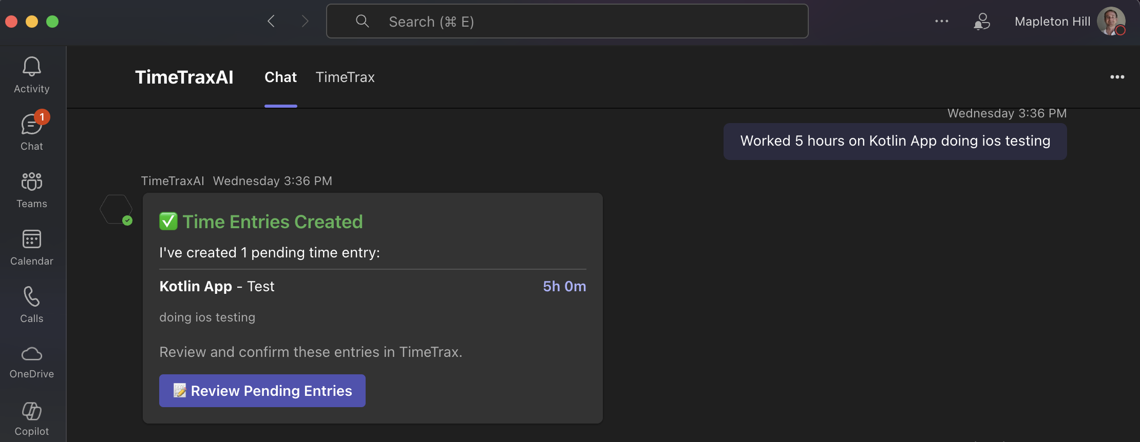 TimeTrax AI in Microsoft Teams